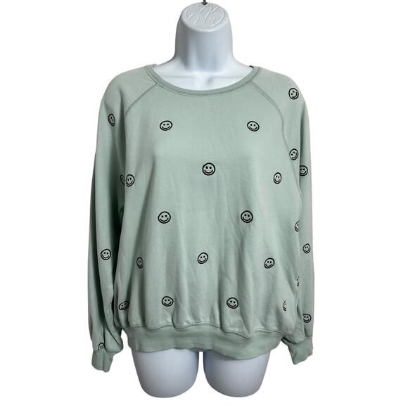 Elodie Mint Green Smiley Face Sweatshirt Sz M Embroidered Pullover Long-Sleeve - Picture 5 of 5